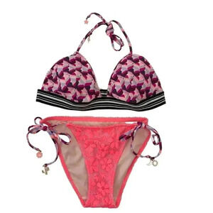 Victoria Secret XS Bottoms M Top Pink Floral Lace Halter Charms Bikini Swim Set